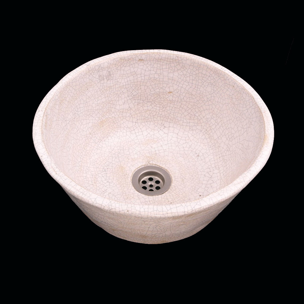 Vasque en céramique, ronde, blanche avec fissures#couleur_blanc